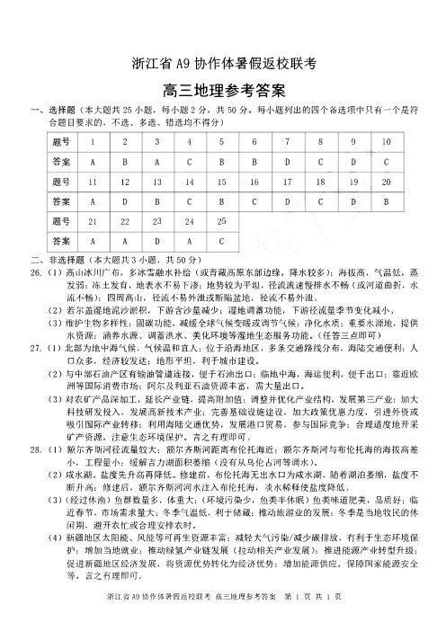 浙江省A9协作体2025届2024年8月高三年级八月暑期返校联考地理试卷答案