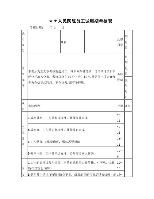 医院员工试用期转正考核表