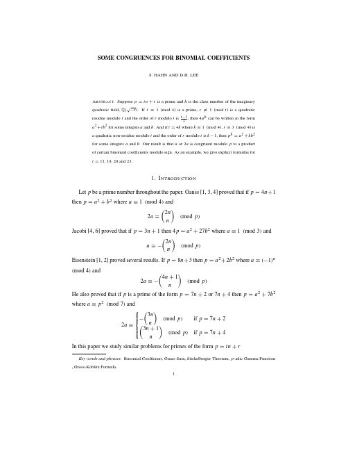 SOME CONGRUENCES FOR BINOMIAL COEFFICIENTS