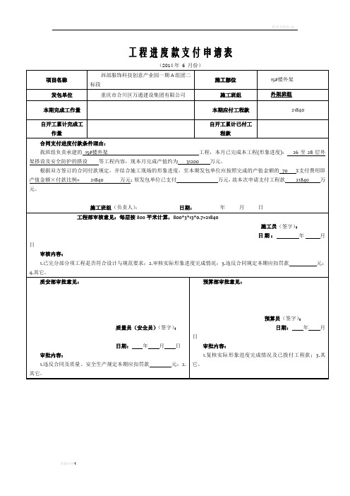 工程进度款支付申请表(施工班组填写)