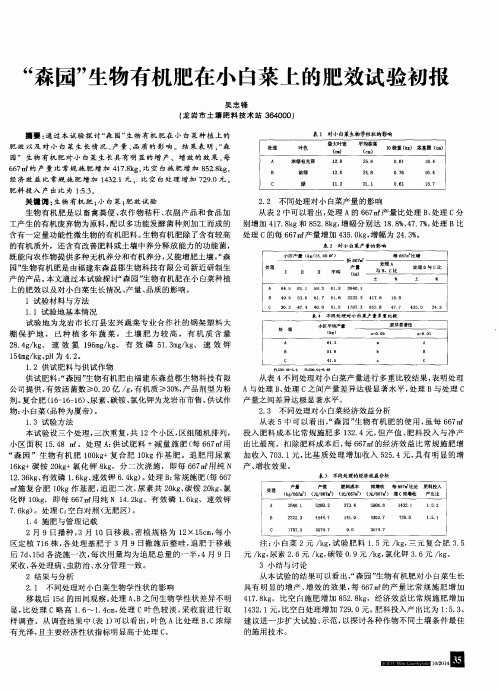 “森园”生物有机肥在小白菜上的肥效试验初报