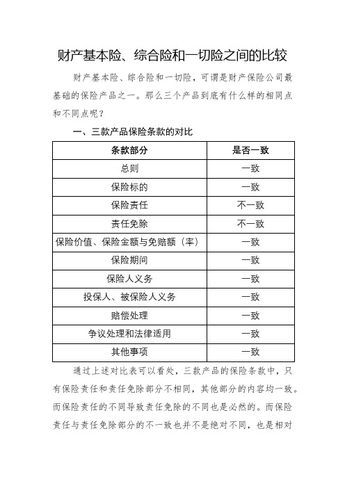 财产基本险、综合险和一切险之间的比较