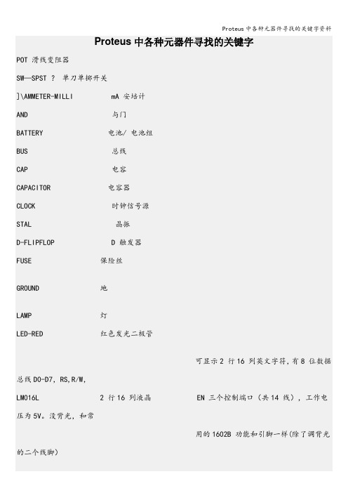 Proteus中各种元器件寻找的关键字资料