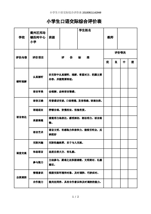 小学生口语交际综合评价表