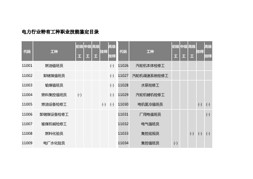 电力行业特有工种职业技能鉴定目录