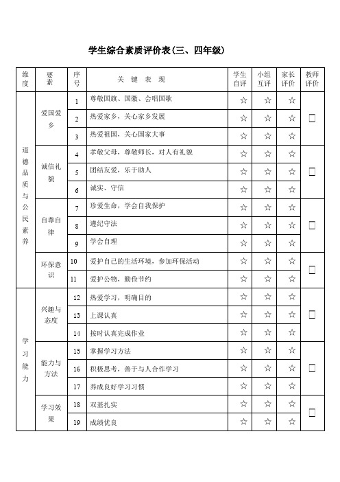 学生综合素质评价表(三四年级)