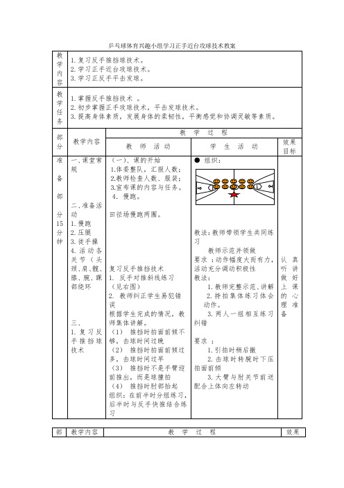 乒乓球体育兴趣小组学习正手近台攻球技术教案