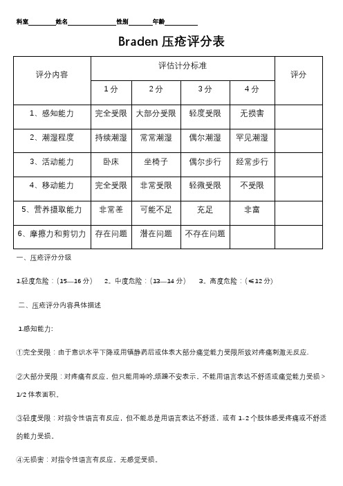 Braden压疮评分表