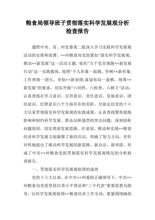粮食局领导班子贯彻落实科学发展观分析检查报告