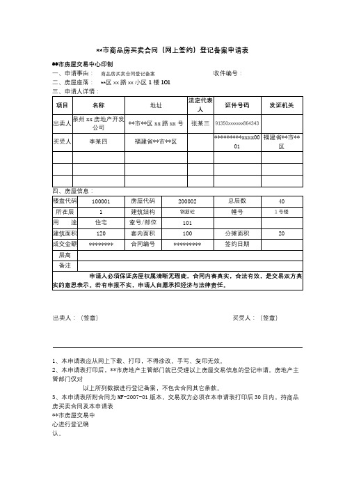 市商品房买卖合同(网上签约)登记备案申请表【模板】