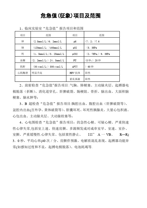 危急值项目及范围