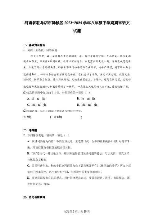 河南省驻马店市驿城区2023-2024学年八年级下学期期末语文试题