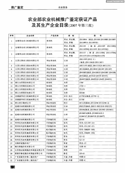 农业部农业机械推广鉴定获证产品及其生产企业目录(2007年第三批)