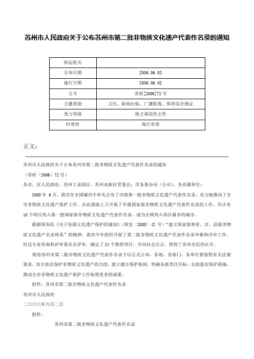 苏州市人民政府关于公布苏州市第二批非物质文化遗产代表作名录的通知-苏府[2006]72号