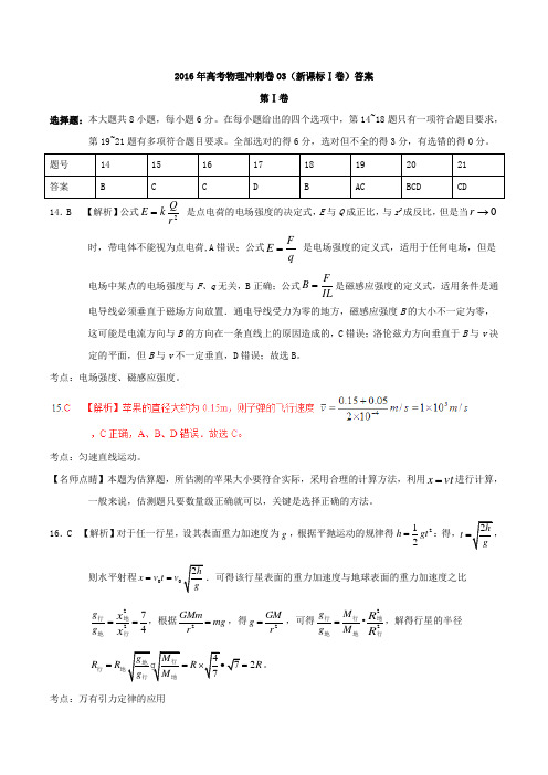 2016年高考物理冲刺卷(新课标Ⅰ卷)答案