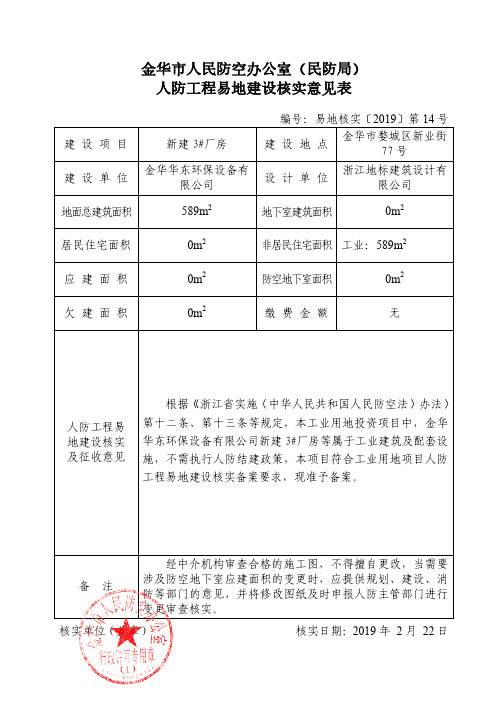 金华市人民防空办公室(民防局)人防工程易地建设核实意见