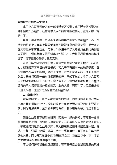 公司融资计划书范文（精选3篇）