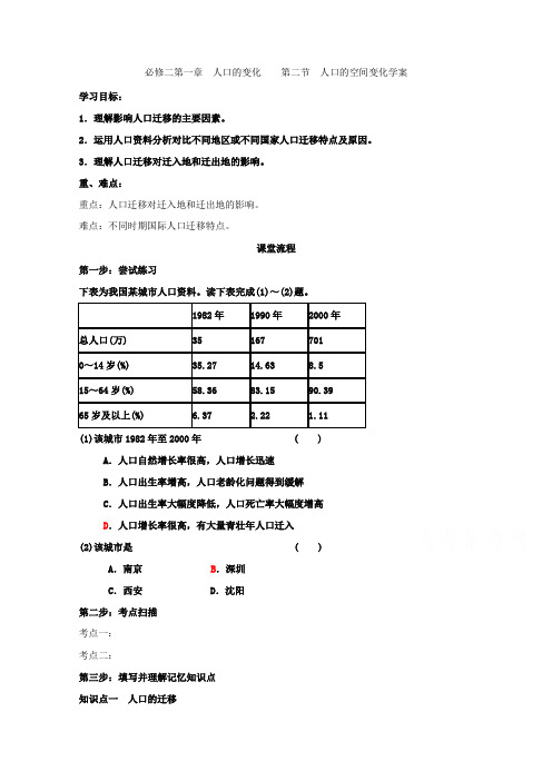 【高中地理】人教版地理必修二1.2人口的空间变化 学案 