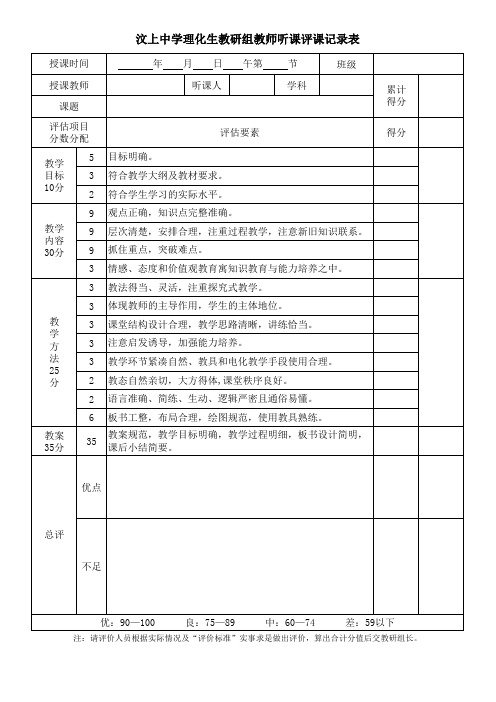 新华中学理化生教研组教师听课评课记录表