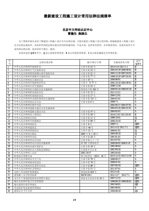 建设工程施工设计质量、环境、职业健康安全常用法律法规清单