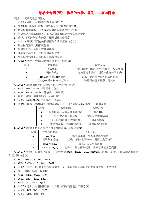 2019届中考化学复习滚动小专题五物质的检验鉴别共存与除杂练习鲁教版