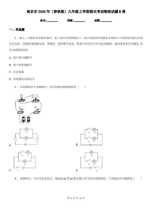 南京市2020年(春秋版)九年级上学期期末考试物理试题B卷