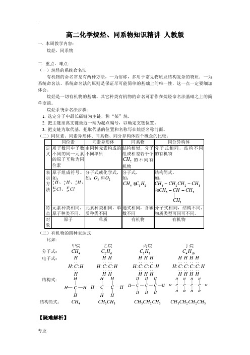 高二化学烷烃、同系物知识精讲 人教版