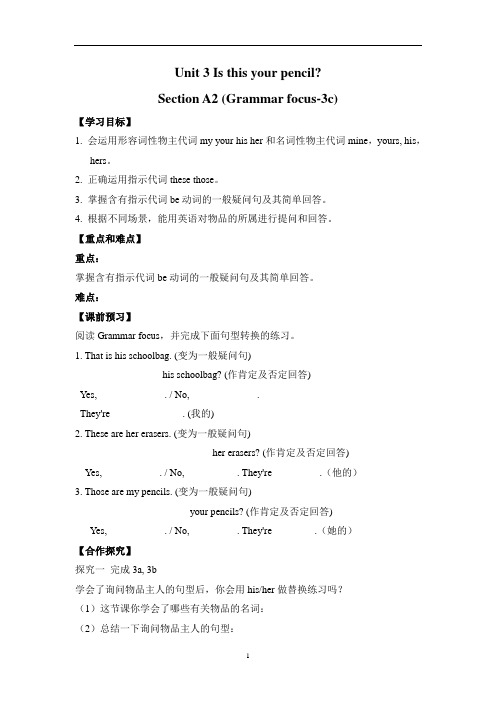 初中英语 人教版 新目标 初中英语七年级上册 Unit 3  精美导学案Section A2 (Grammar Focus-3c)