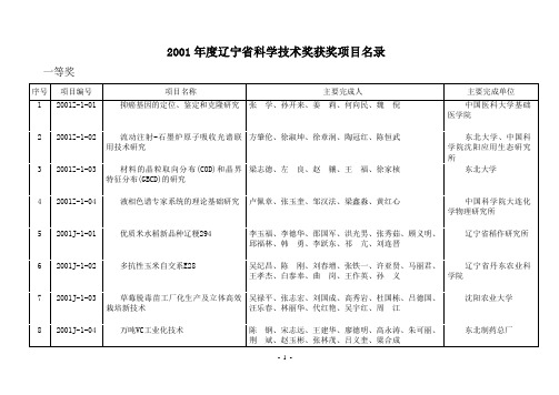 2001年度辽宁省科学技术奖获奖项目名录