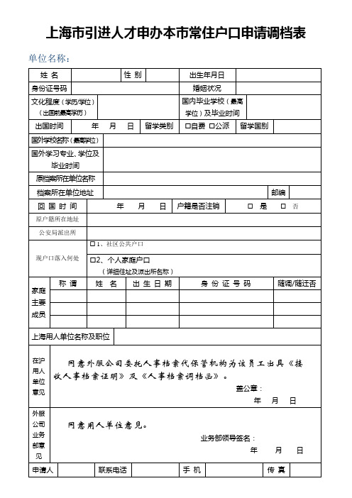 上海市引进人才申办本市常住户口申请调档表