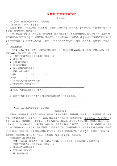 中考语文第2篇古诗文阅读与积累专题七文言文阅读作业