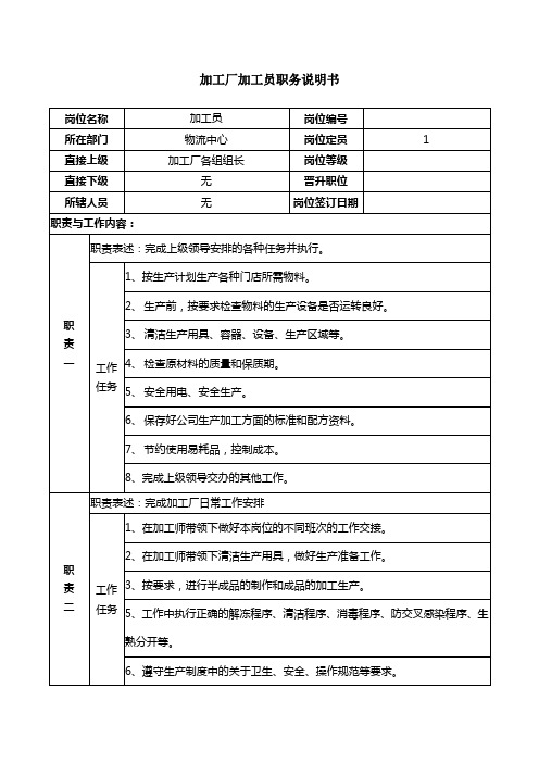 加工厂加工员职务说明书