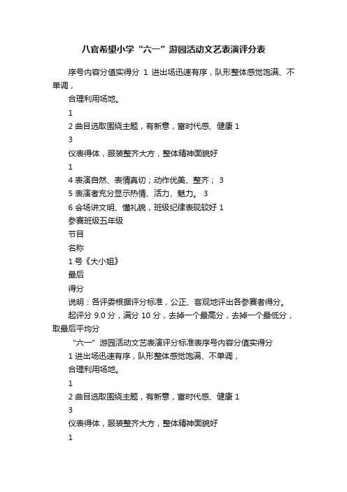 八官希望小学“六一”游园活动文艺表演评分表