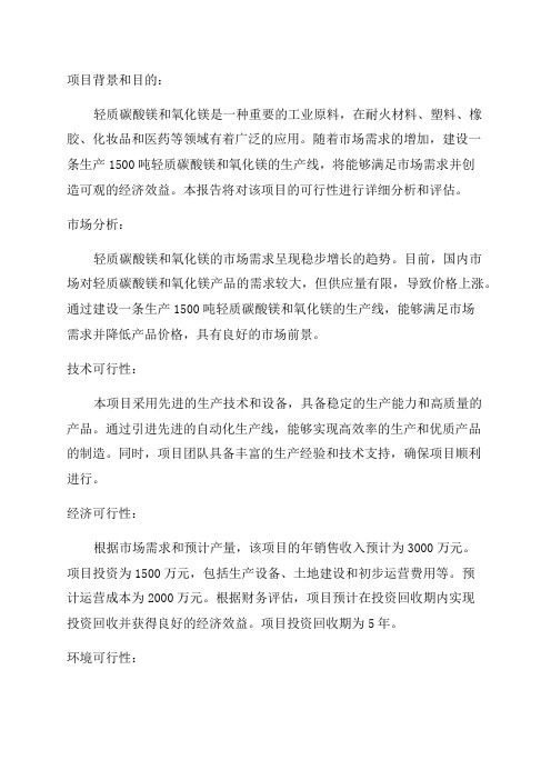 年生产1500吨轻质碳酸镁氧化镁生产线建设项目可行性研究报告