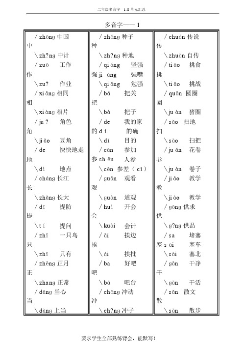 苏教版语文小学二年级下册1-8单元多音字