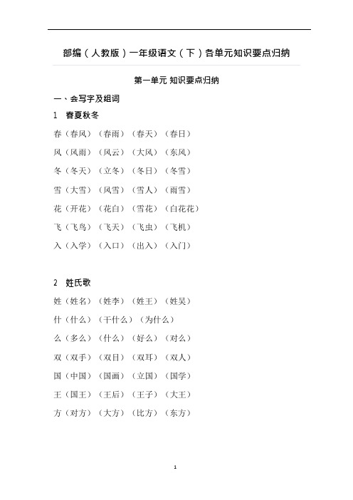 (完整版)部编人教版语文一年级下册各单元知识点归纳三十二页