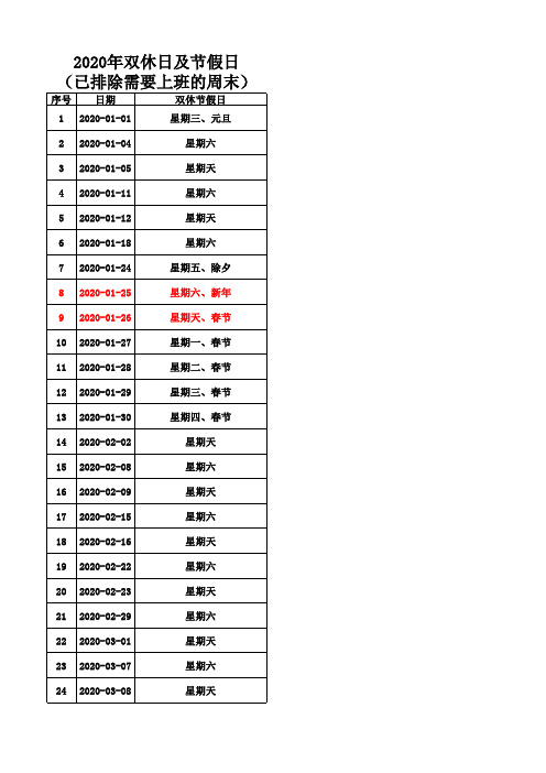 2020年双休及法定节假日表(分析统计用版本2)