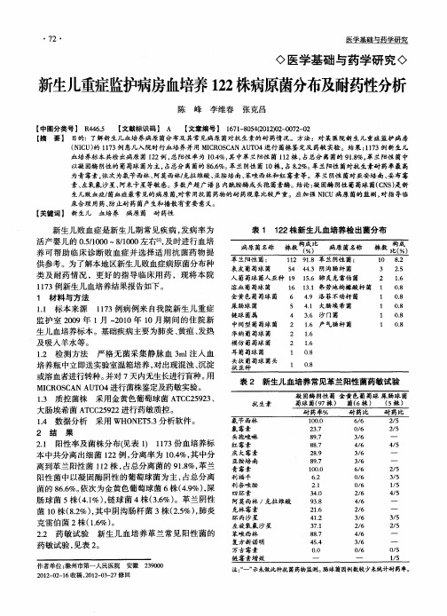 新生儿重症监护病房血培养122株病原菌分布及耐药性分析