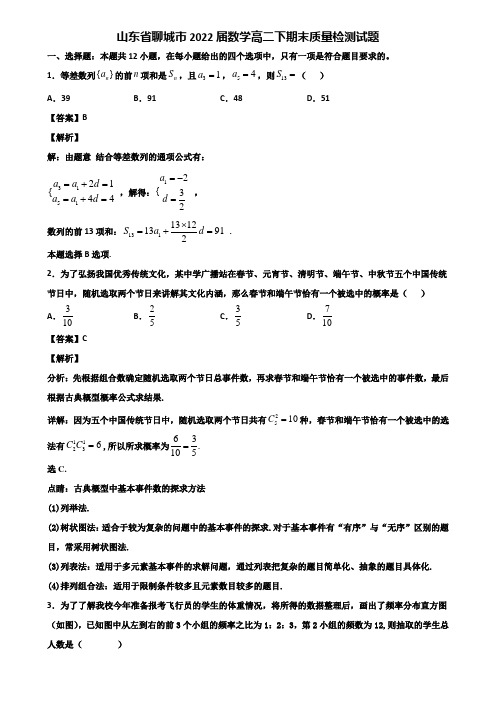 山东省聊城市2022届数学高二下期末质量检测试题含解析