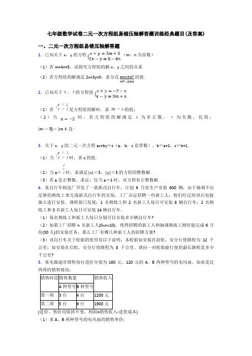 七年级数学试卷二元一次方程组易错压轴解答题训练经典题目(及答案)