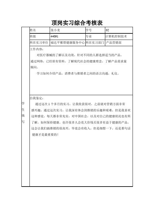 顶岗实习综合考核表