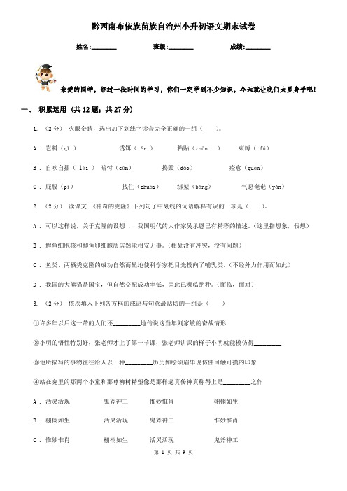 黔西南布依族苗族自治州小升初语文期末试卷