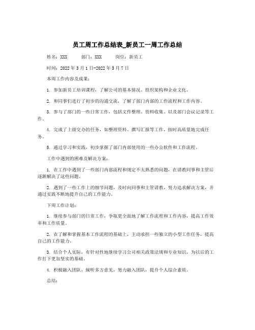 员工周工作总结表_新员工一周工作总结