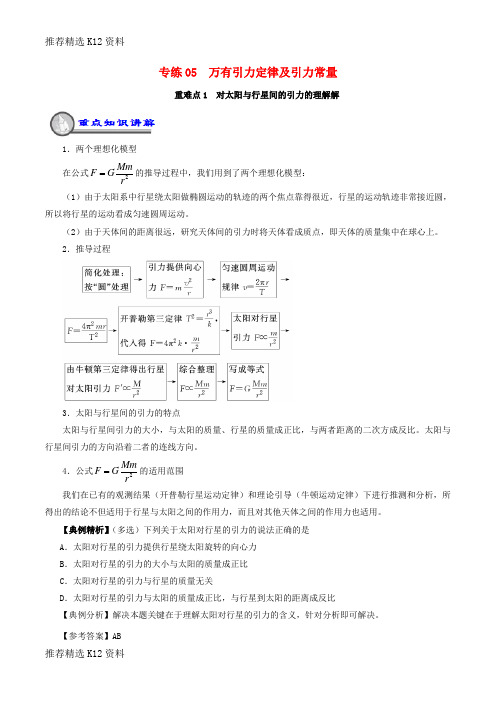 【推荐精选】2018-2019学年高一物理暑假作业05 万有引力定律及引力常量重难点通关