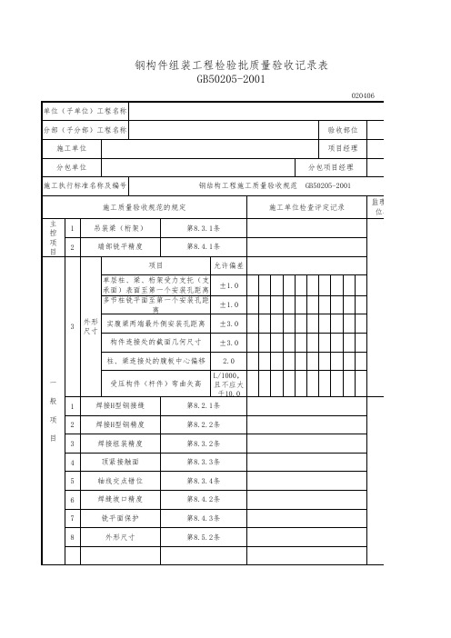 钢构件组装检验批质量验收记录表