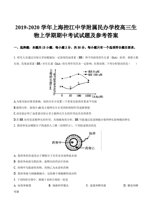 2019-2020学年上海控江中学附属民办学校高三生物上学期期中考试试题及参考答案