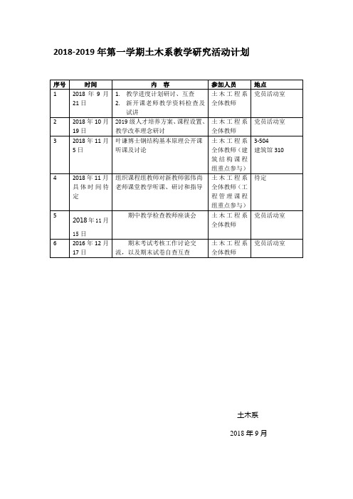 2018-2019年第一学期土木系教学研究活动计划