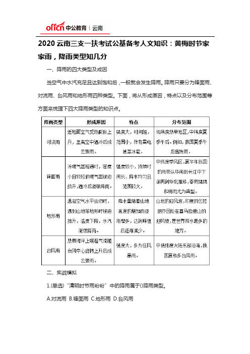 2020云南三支一扶考试公基备考人文知识：黄梅时节家家雨,降雨类型知几分