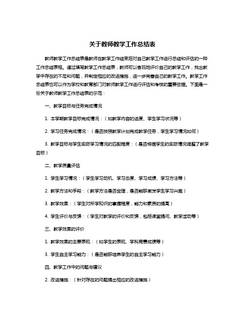 关于教师教学工作总结表