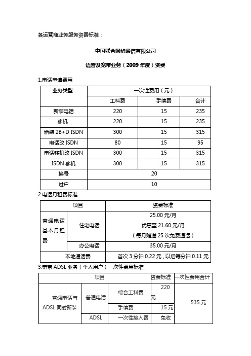 2009年各运营商资费(电信行业)